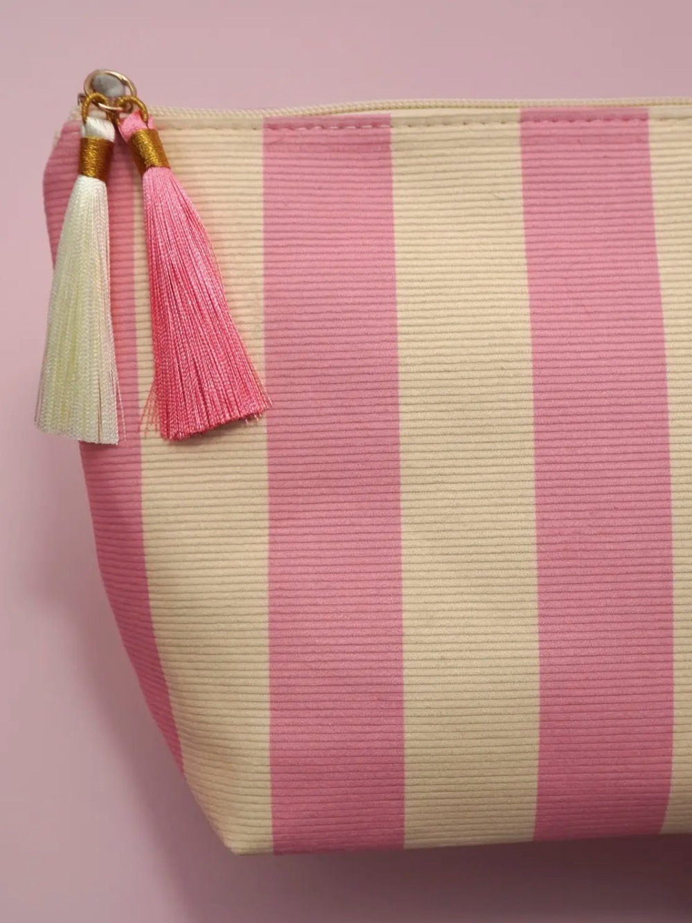 Striped Tassel Cosmetic Pouch - Pink & Cream